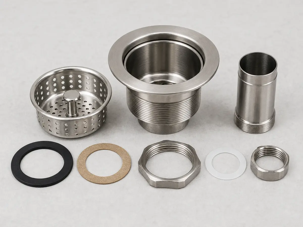 Unbranded stainless kitchen sink basket strainer kit with basket, threaded body, rubber gasket, fiber washer, locknut, coupling nut, washer, and tailpiece