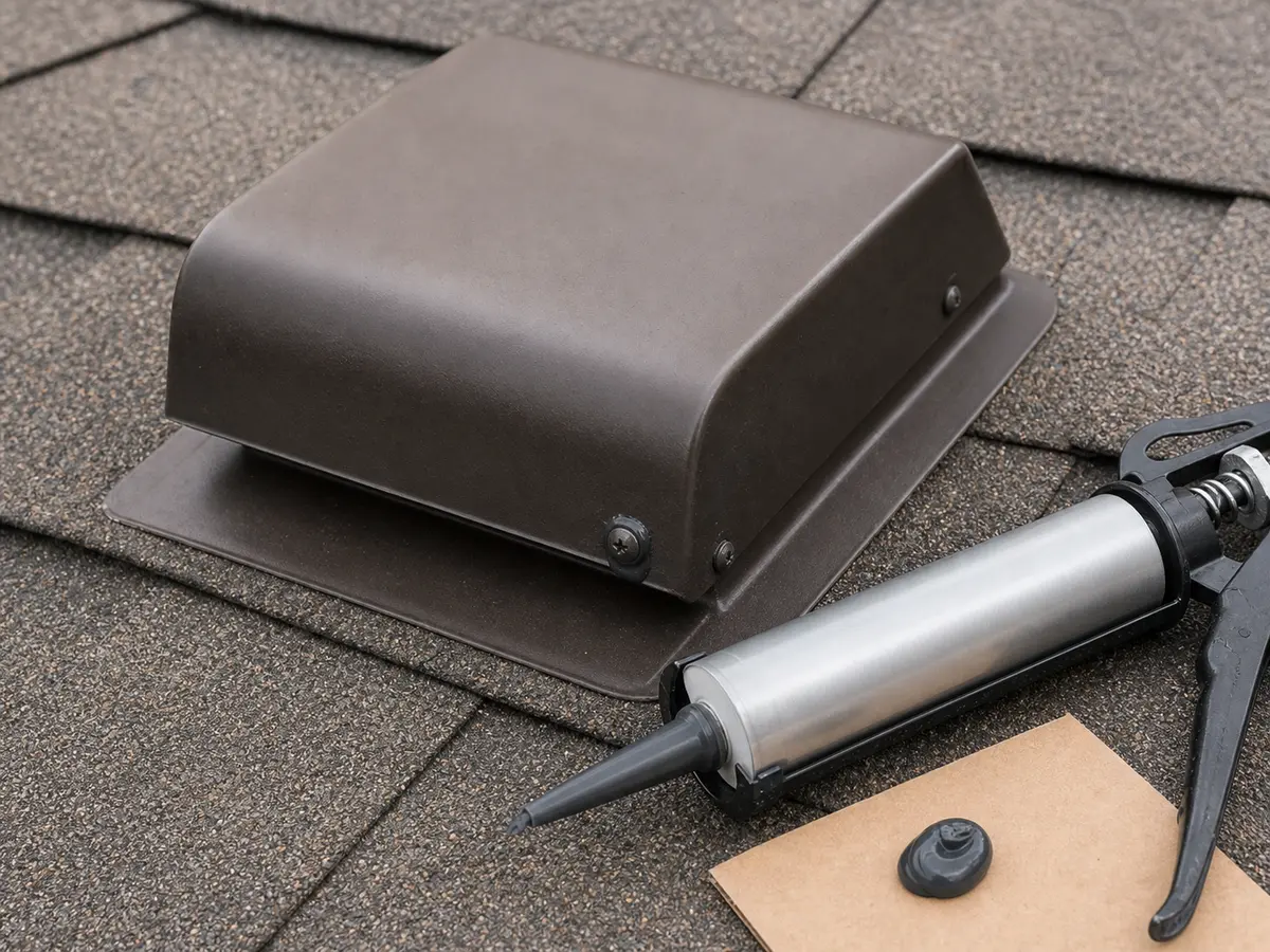 Exterior roofing sealant shown in the repair area for roof vent rattles in wind