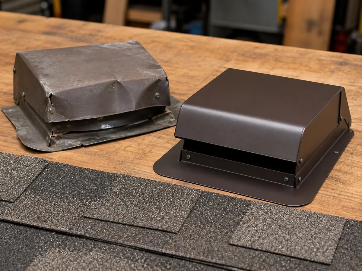 Replacement roof vent cap shown in the repair area for roof vent rattles in wind