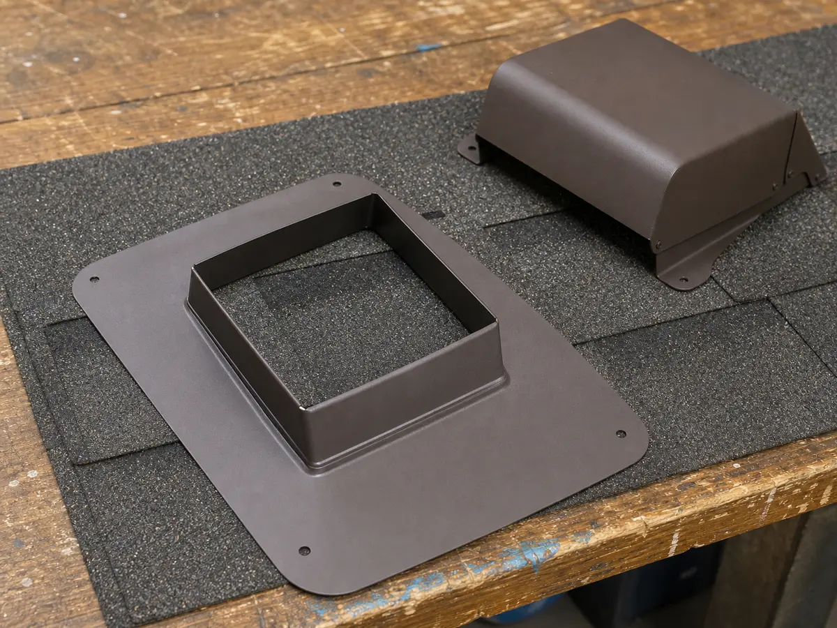 Replacement roof vent flashing shown in the repair area for roof vent rattles in wind