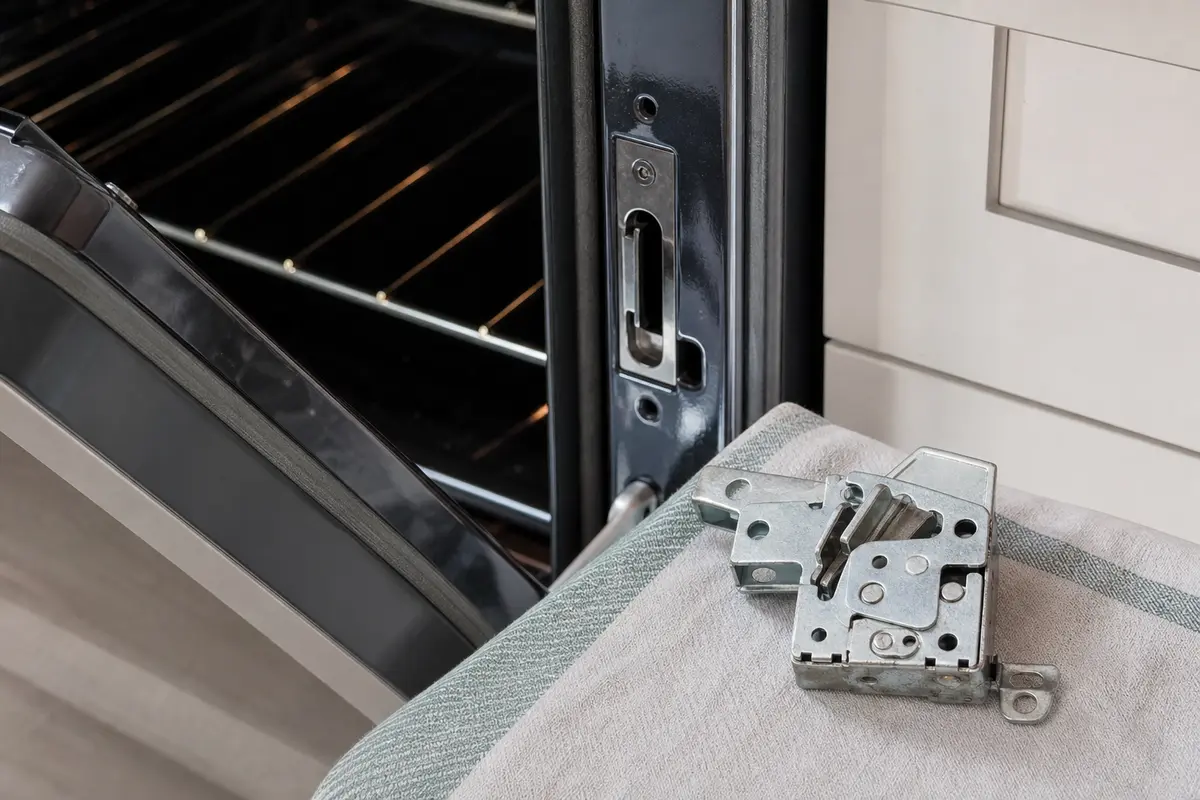 Samsung oven door latch assembly shown in the repair area for samsung oven control panel not responding
