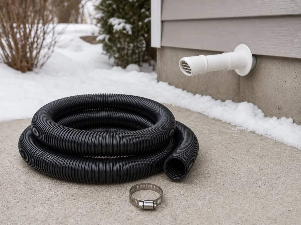 Flexible sump pump discharge hose coiled beside an outdoor winter outlet