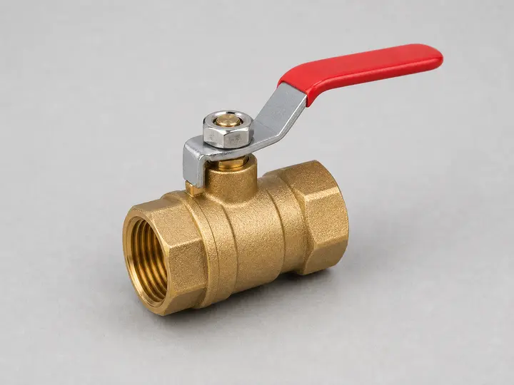 Compact three quarter inch threaded brass ball valve with red lever handle
