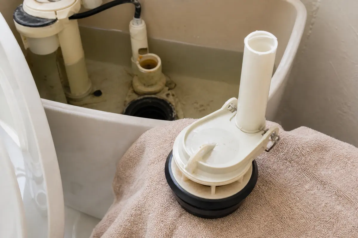 Toilet flush valve seat area checked after a flapper still leaks in a running toilet