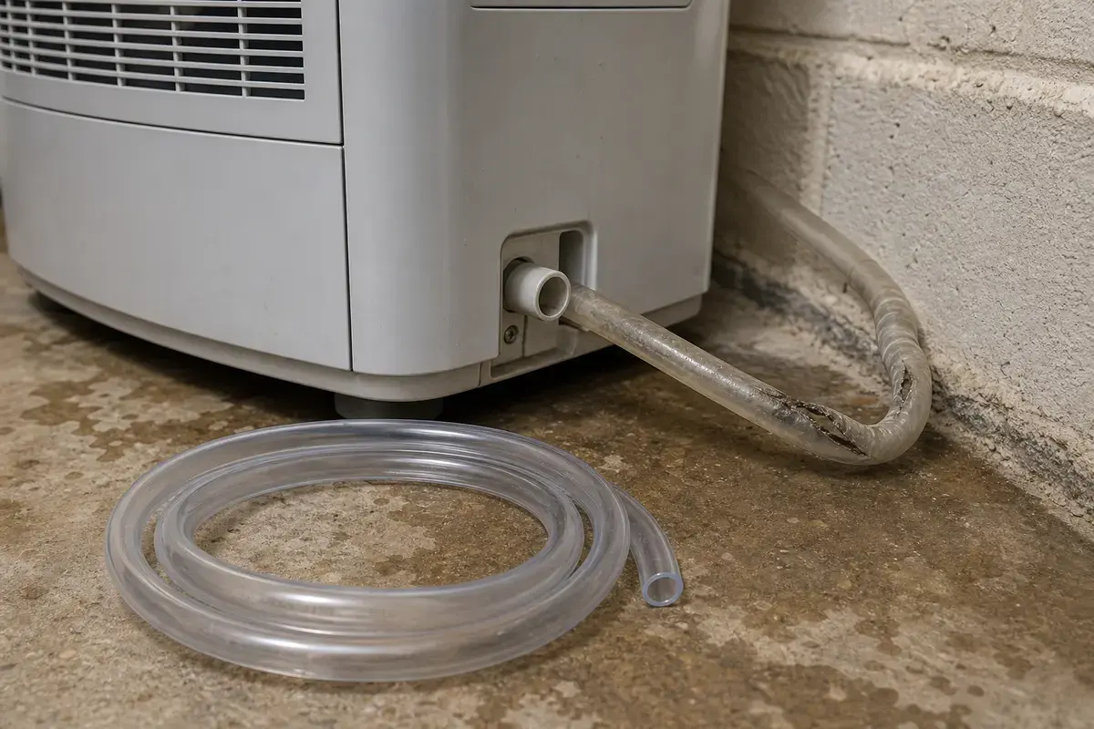 Replacement dehumidifier drain hose beside a portable dehumidifier drain outlet