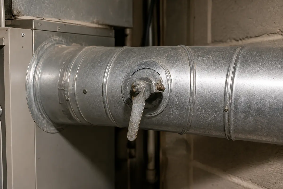 Manual balancing damper handle on round HVAC ductwork