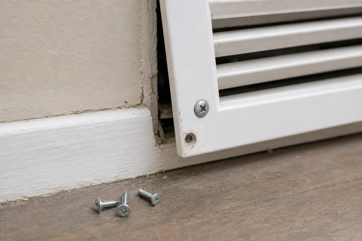 Vent cover screws beside a grille that can whistle around a loose edge