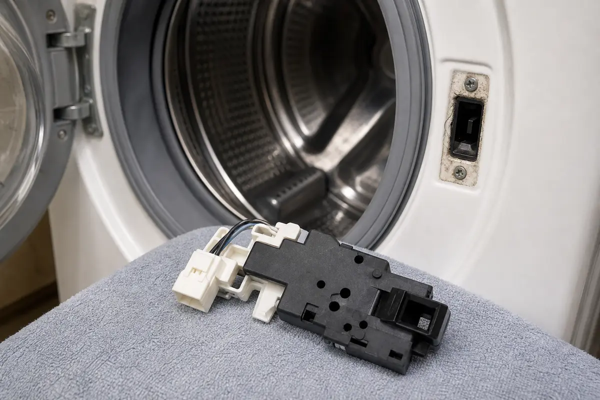 Front-load washer door latch assembly near the door opening