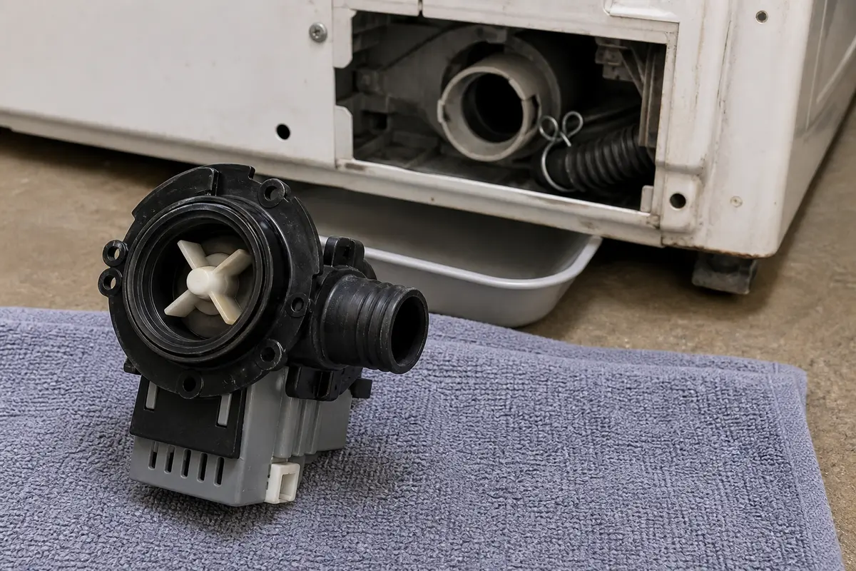 Washer drain pump replacement part near a washer service area