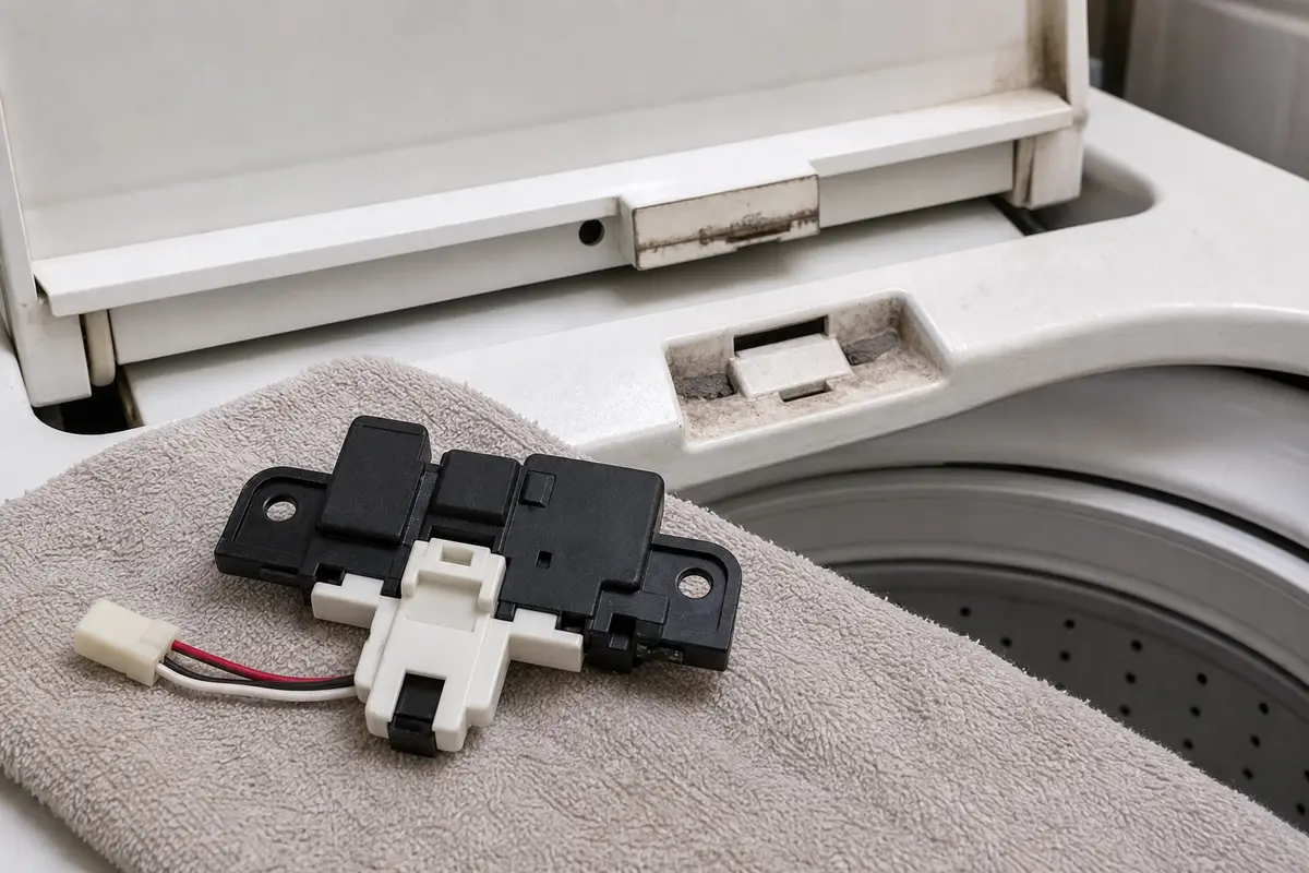 Top-load washer lid lock assembly near the lid strike area