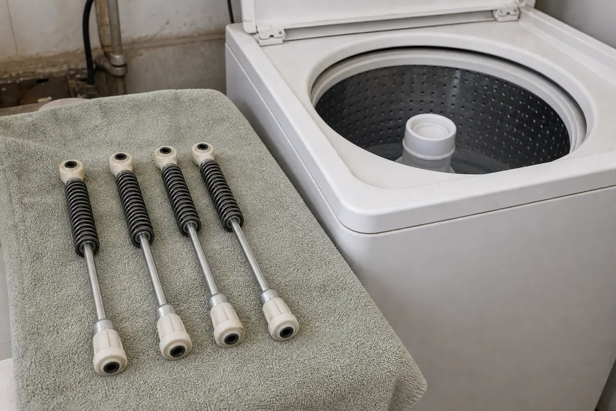 Set of washer suspension rods beside an open top-load washer
