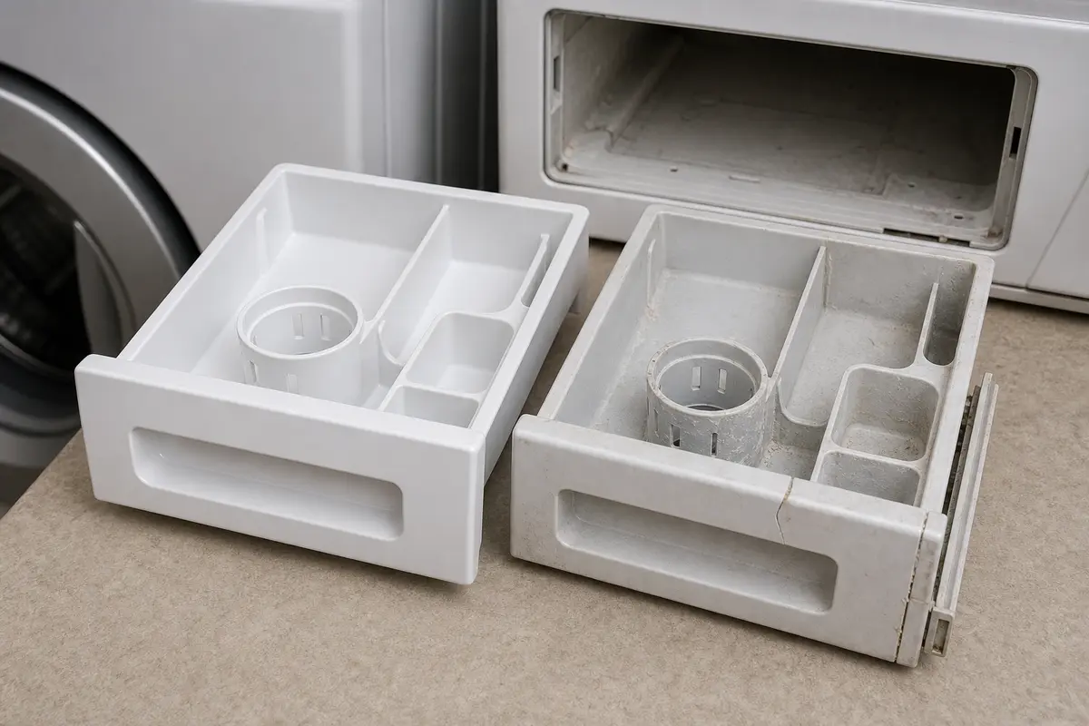 Replacement washer dispenser drawer compared with the original drawer layout