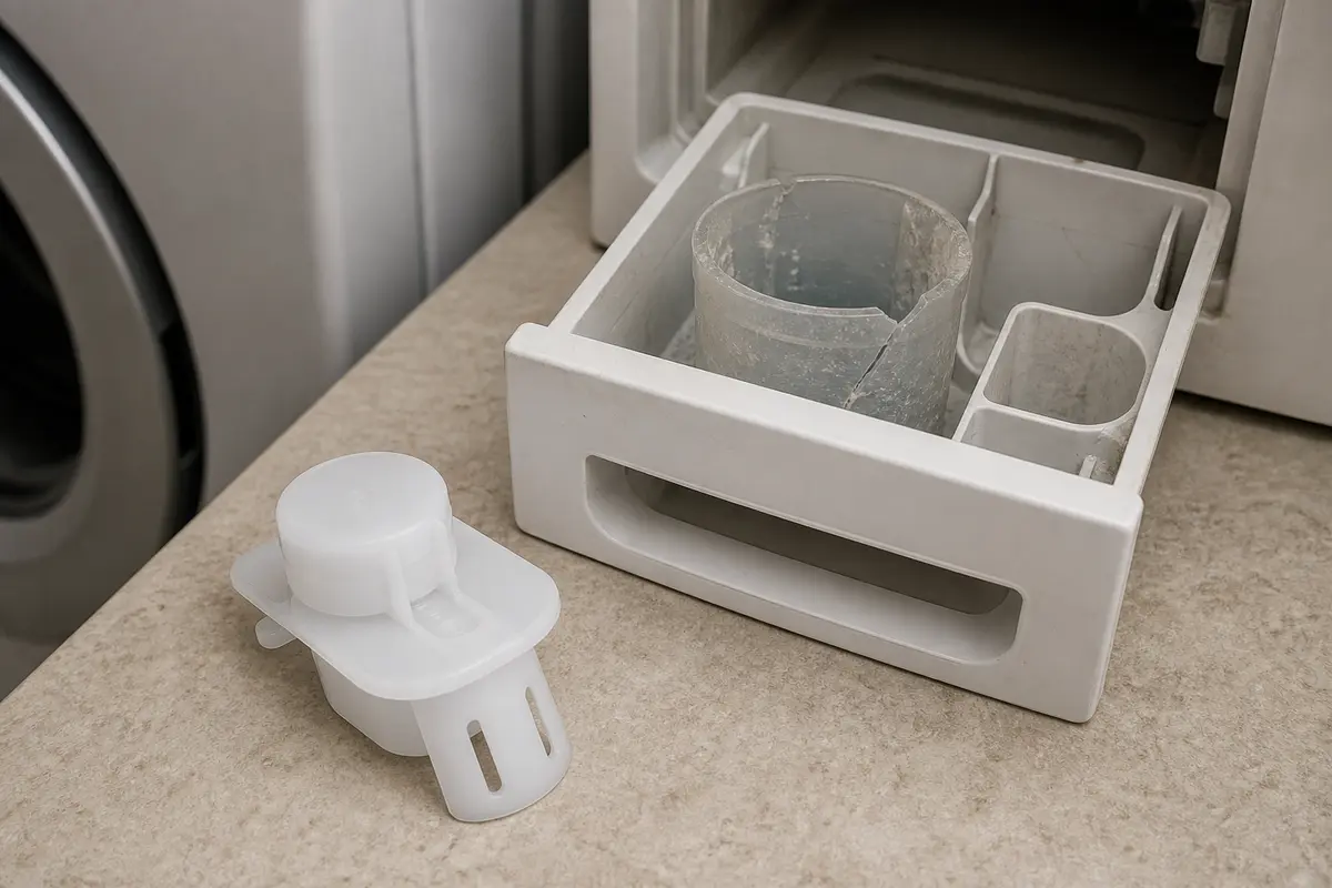 Replacement washer fabric softener insert shown next to the original dispenser drawer