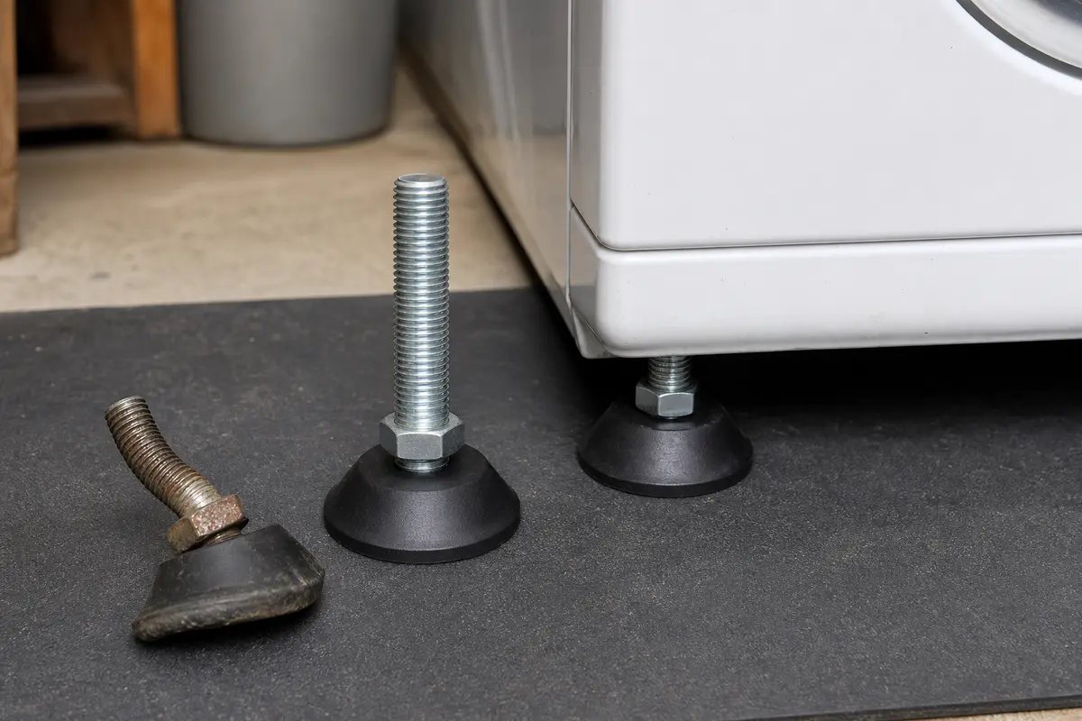 Threaded washer leveling foot beside the matching cabinet corner and locknut