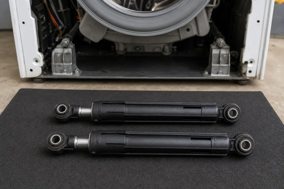Matched front-load washer shock absorber pair beside the lower tub mounting area
