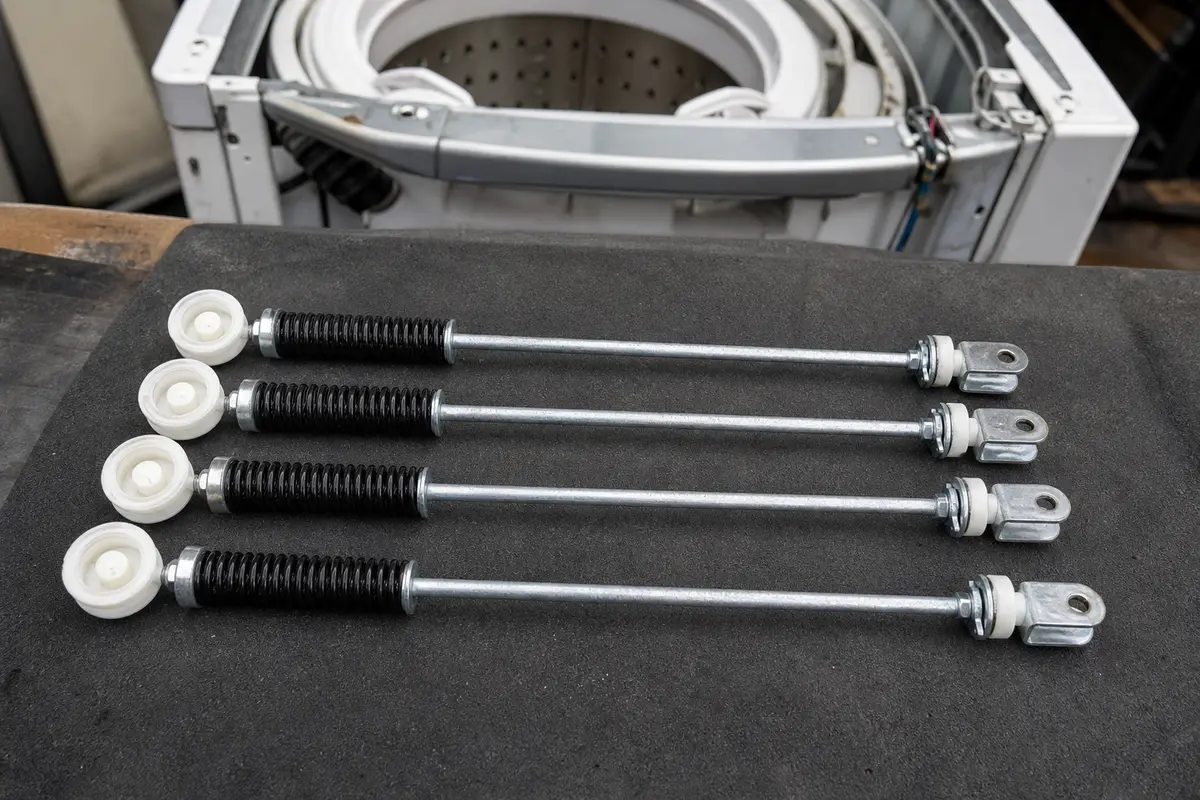 Matched set of four top-load washer suspension rods beside a washer cabinet