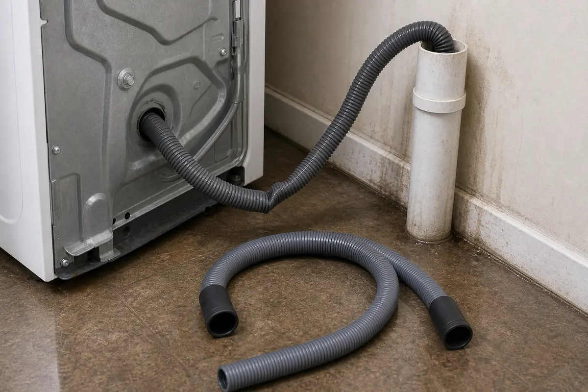 Replacement washer drain hose near the rear drain connection