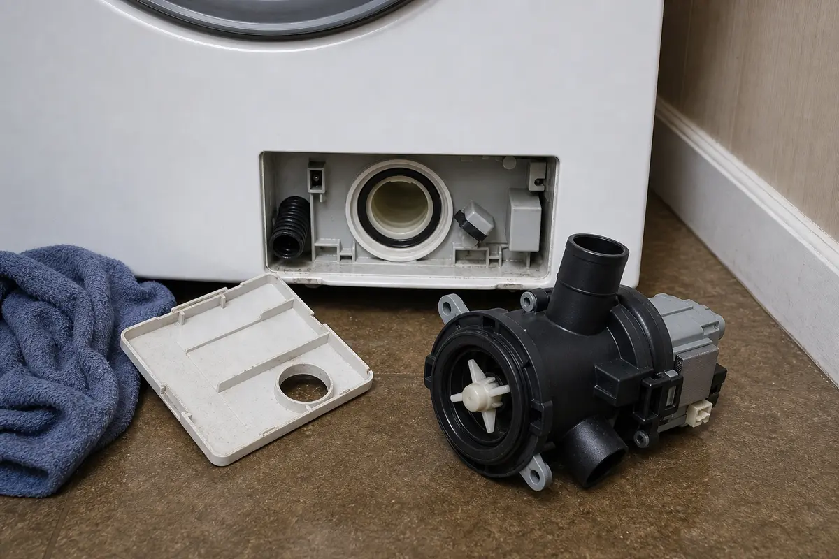 Washer drain pump staged beside the lower pump access opening