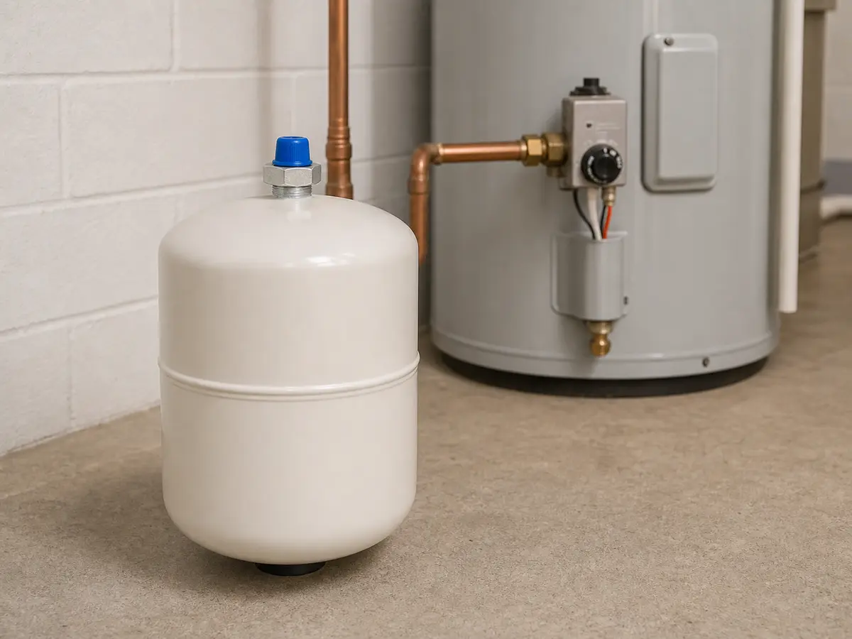 New potable water heater expansion tank staged before replacement