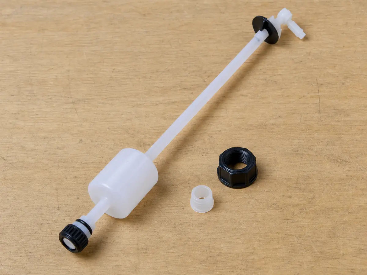 Water softener brine float assembly replacement part with rod and fittings
