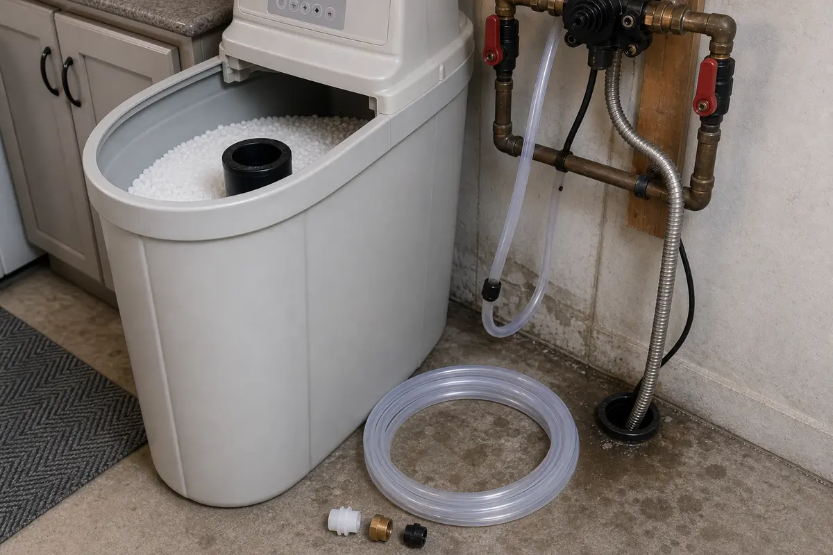 Water softener brine line tubing and fittings beside a brine tank