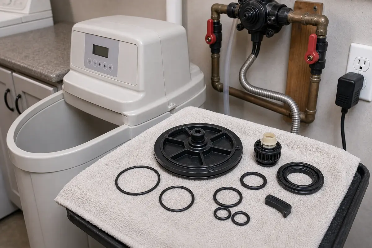 Water softener valve seal kit with O-rings and plastic valve parts on a towel