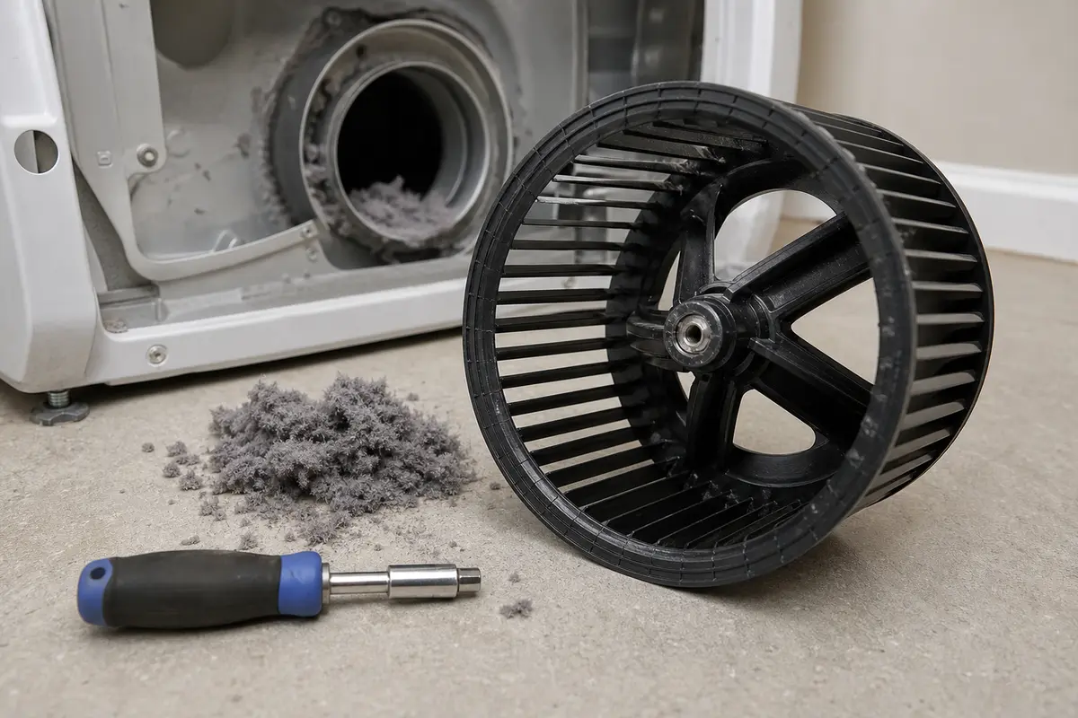 Dryer blower wheel part beside lint and a nut driver for airflow troubleshooting