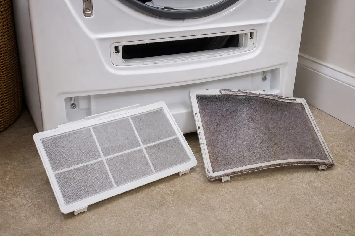 Torn and dusty dryer lint screen mesh beside the dryer opening during airflow troubleshooting