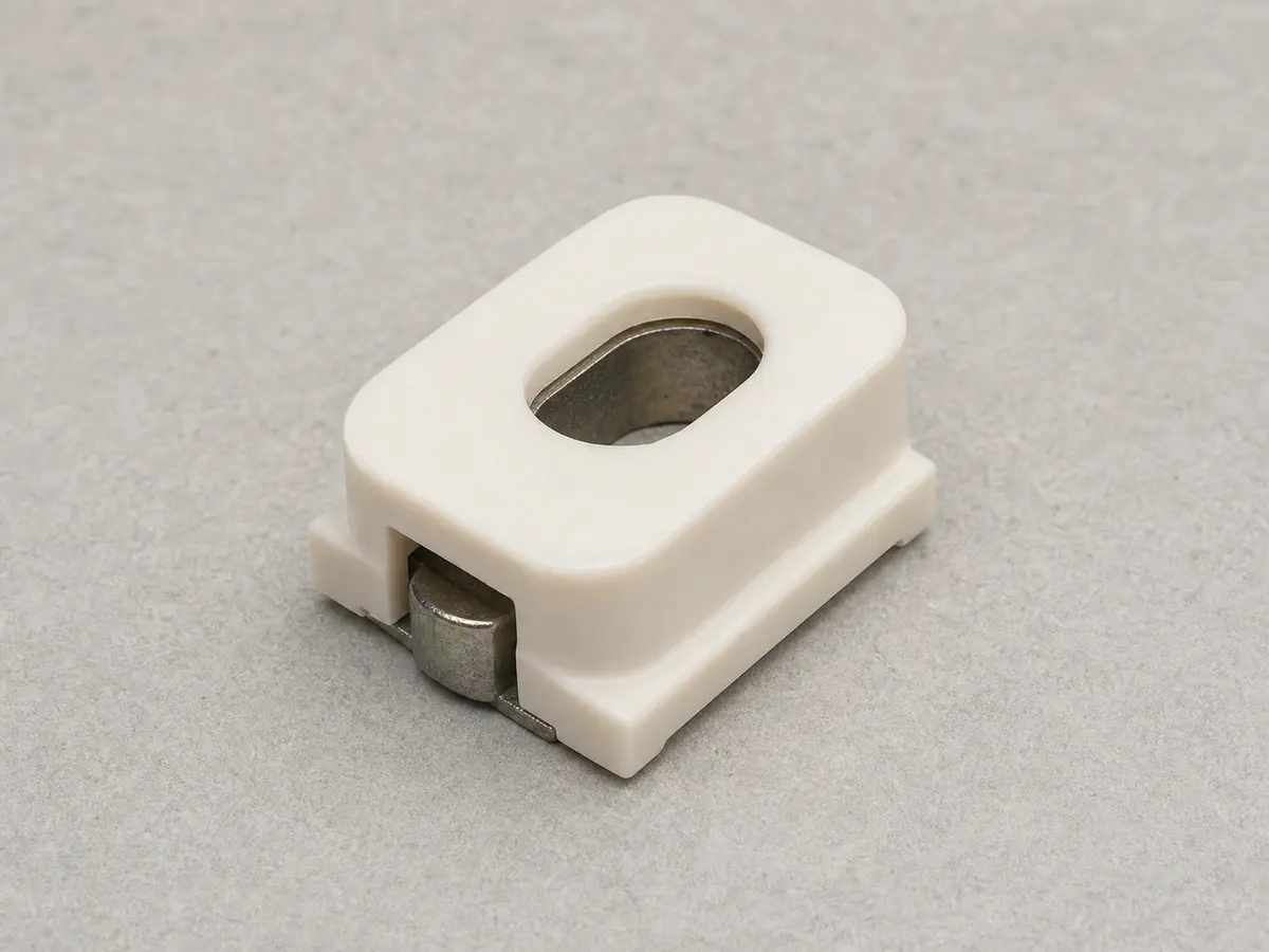 Close view of a vinyl window pivot shoe with locking cam opening