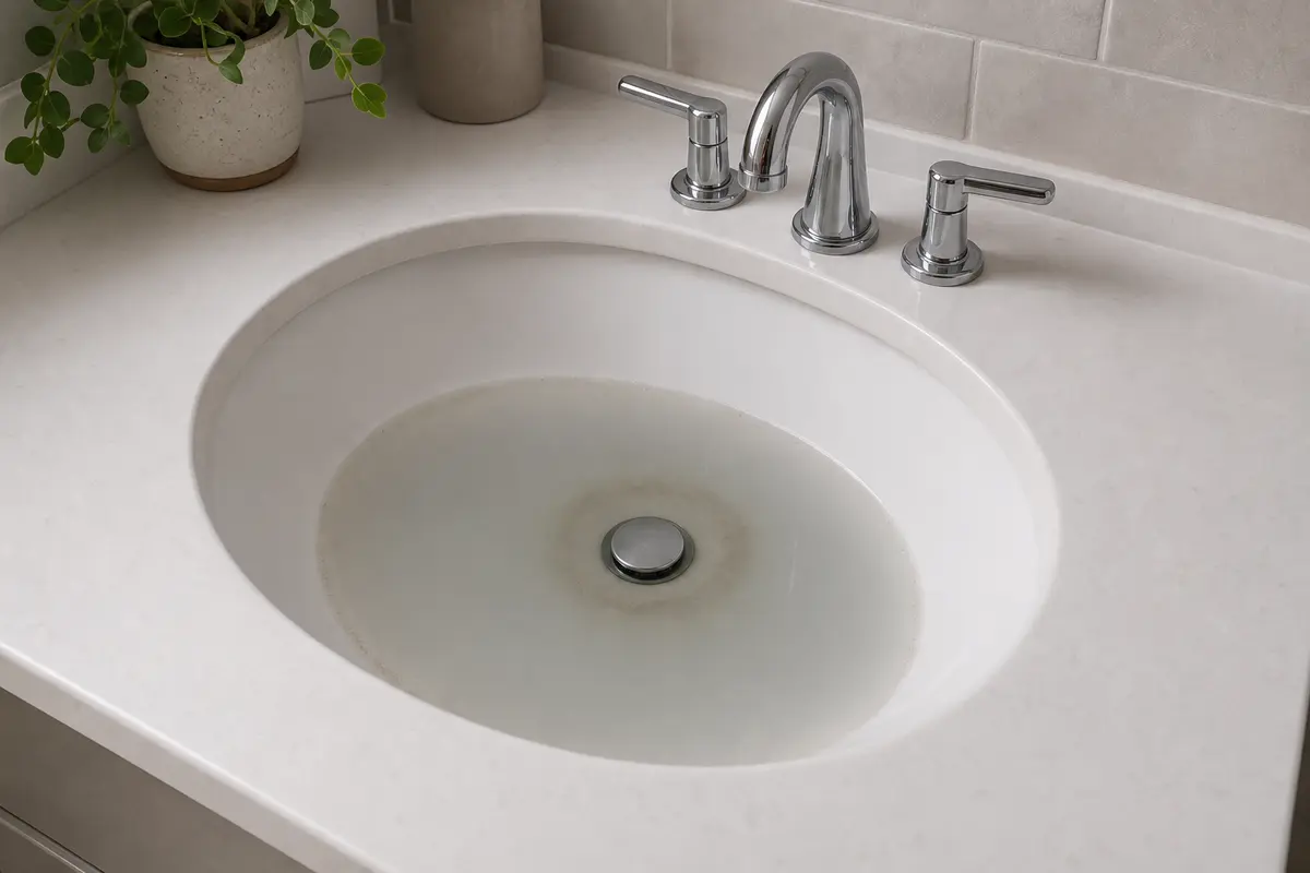 Shallow gray drain water returned to a bathroom sink basin overnight