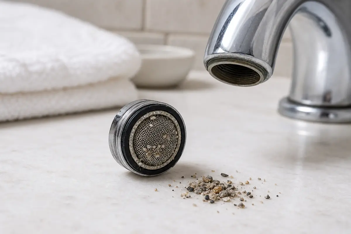 Removed bathroom faucet aerator with mineral grit and debris