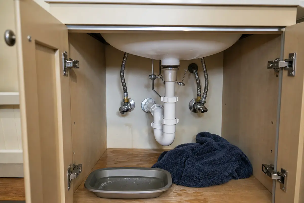 Open bathroom vanity showing the drain body tailpiece and P-trap
