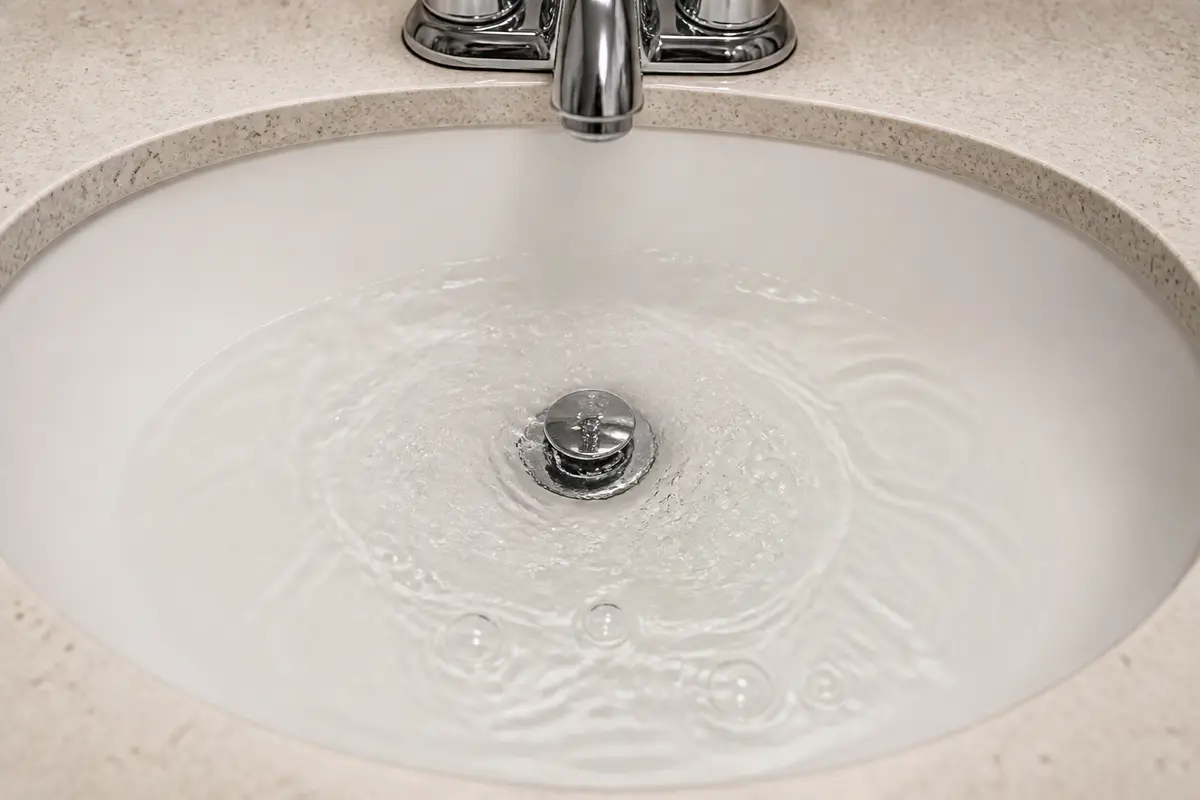 Bathroom sink stopper clogged with hair and paste buildup