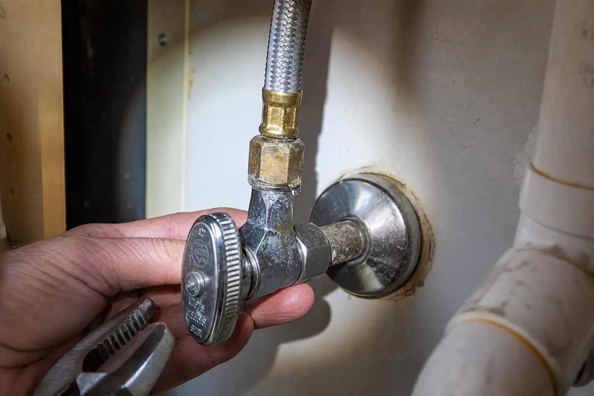 Bathroom sink shutoff valve and braided supply line with a small water bead at the connection
