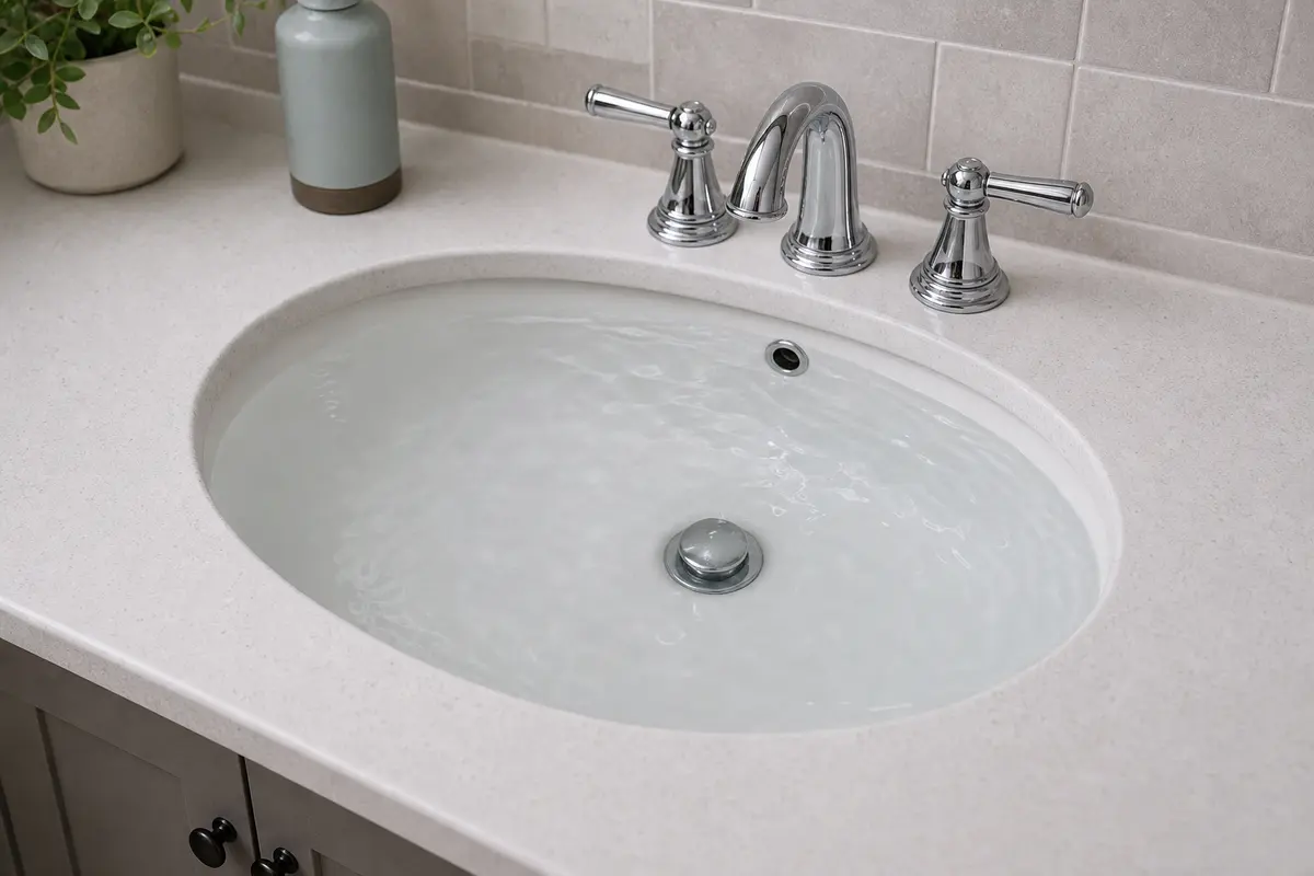 Bathroom sink basin filled near the rim from a slow drain