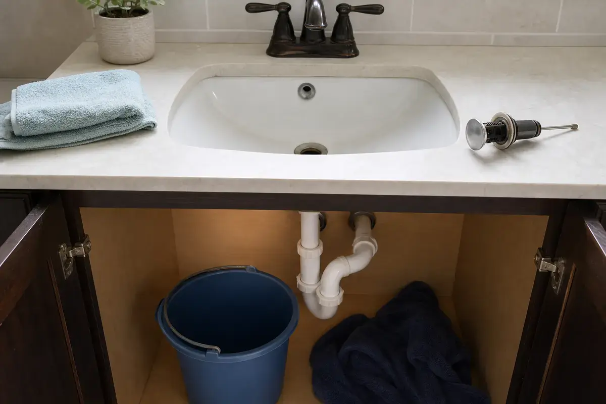 Bathroom sink vanity prepared for slow drain diagnosis with bucket under the P-trap