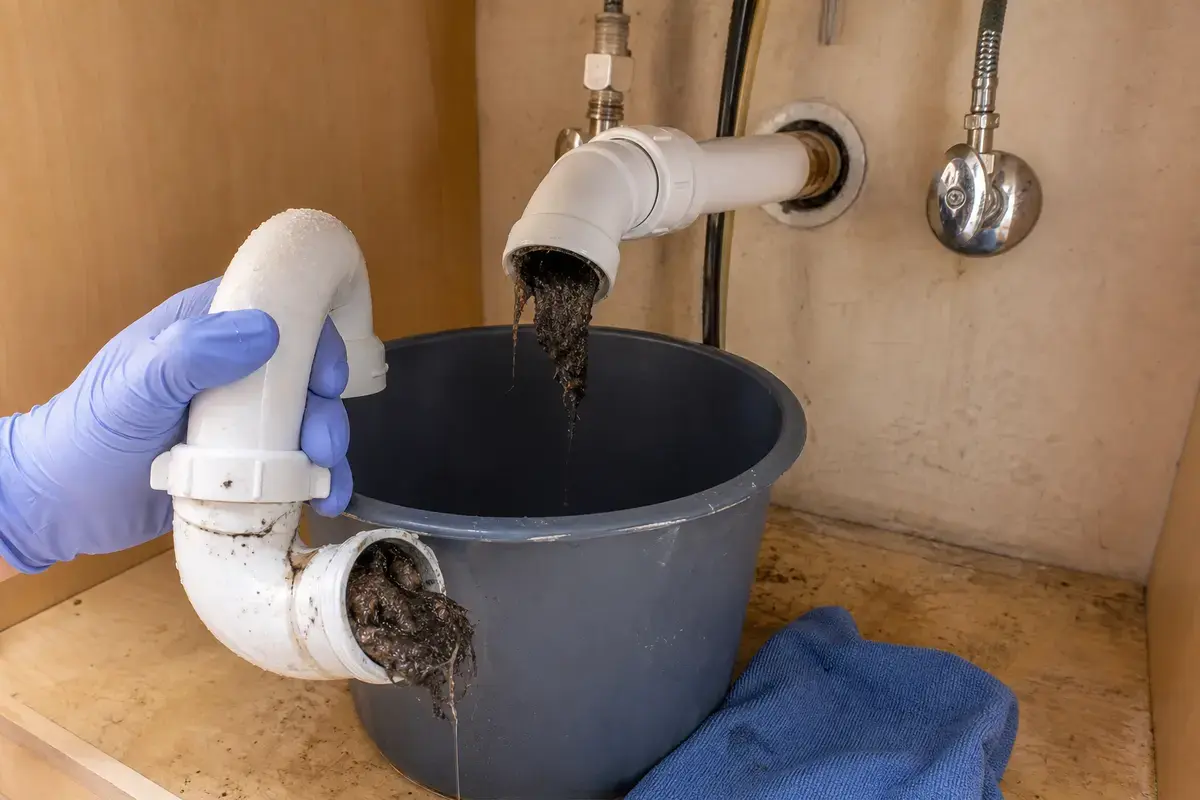 Bathroom sink P-trap emptied into a bucket with sludge visible