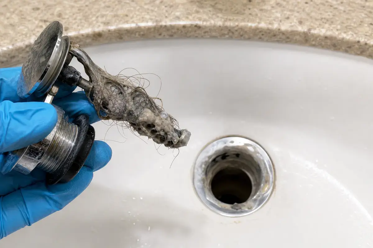 Hair and gray sludge pulled from a bathroom sink stopper