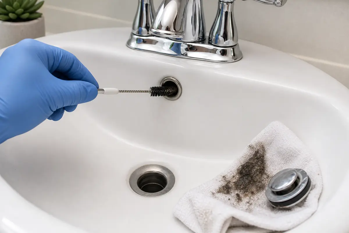 Bathroom sink pop-up stopper covered with hair and dark buildup