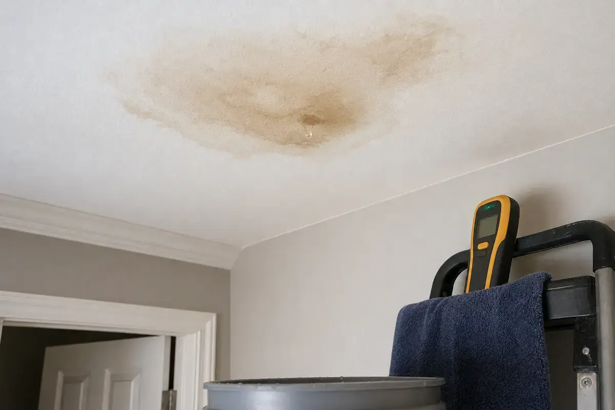 Ceiling water stain below an upstairs bathtub with bucket and towels below