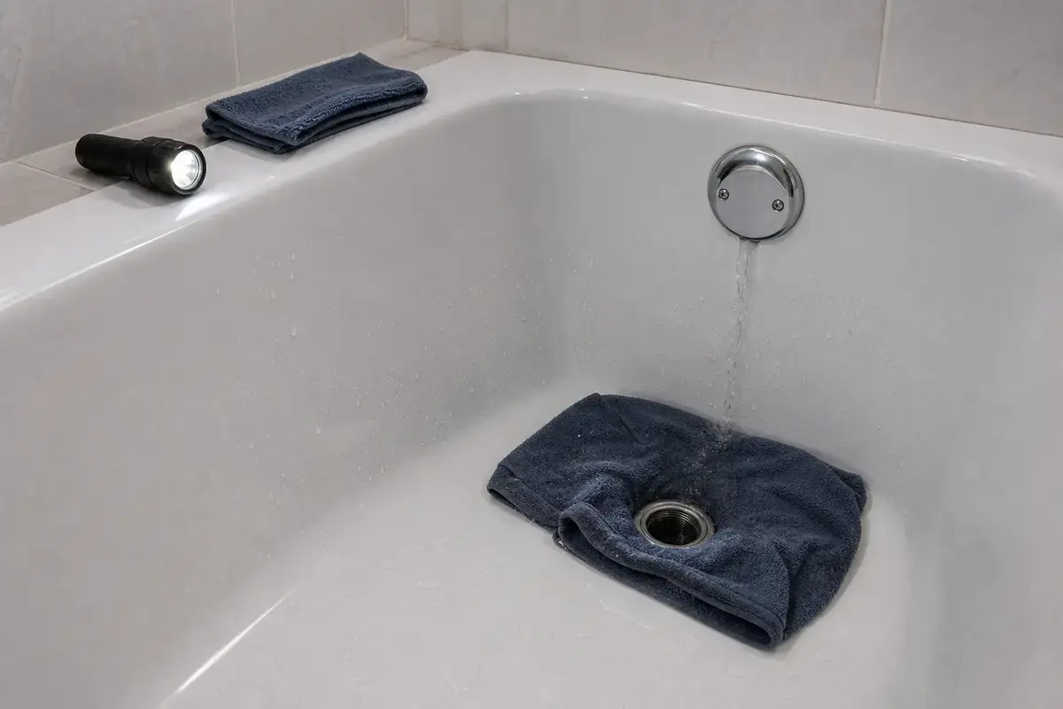 Controlled bathtub drain test with towel around the drain and overflow visible
