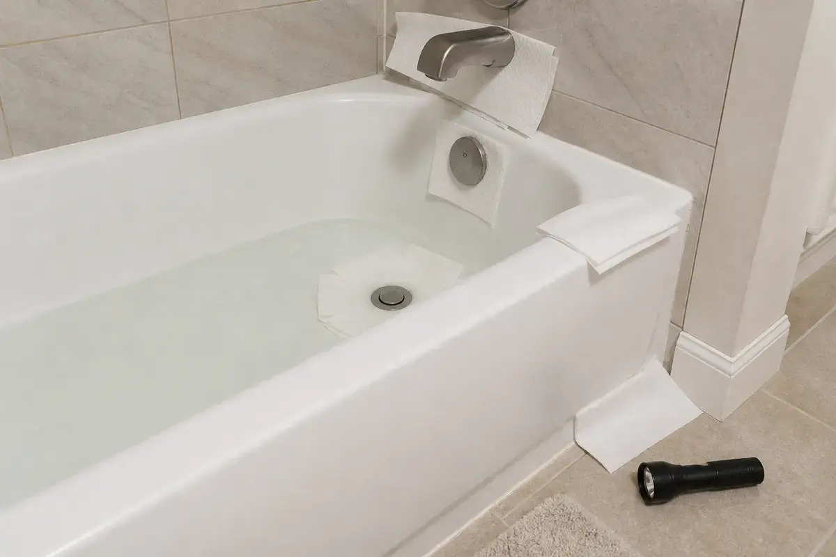 Bathtub leak diagnostic overview with towels around drain overflow spout and apron