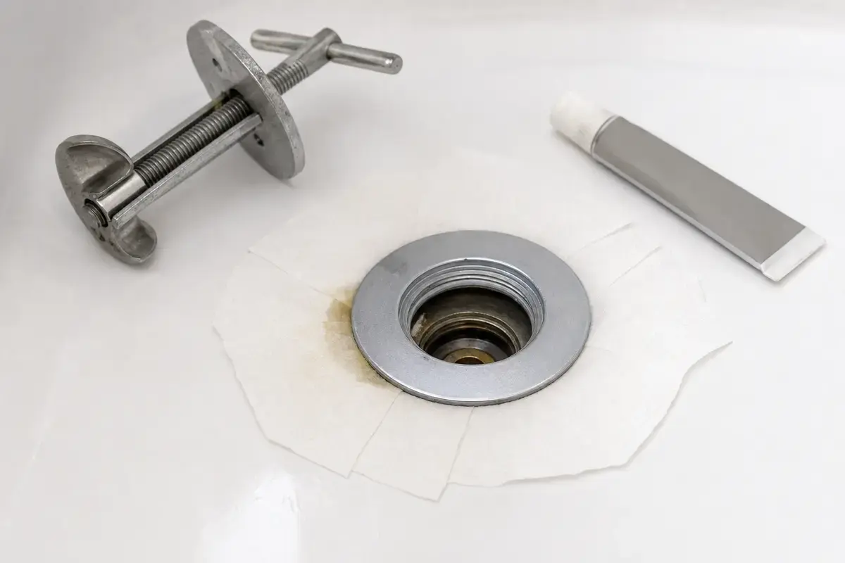 Bathtub drain flange wet point test with tissue around the flange