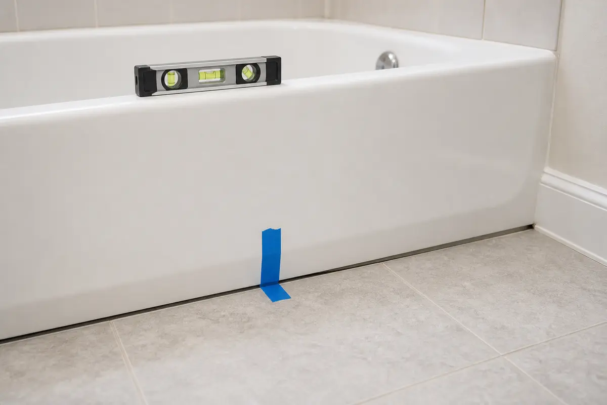 Bathtub apron movement check with tape mark and level