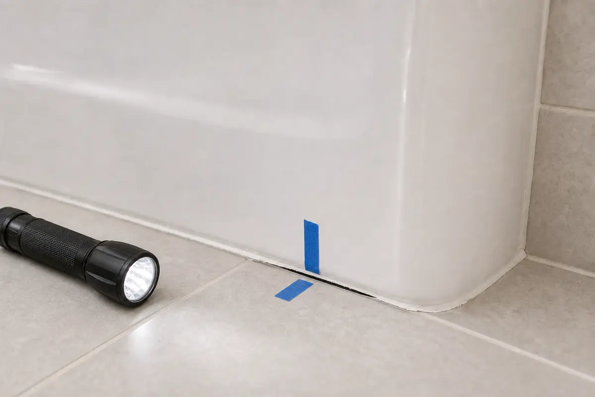 Bathtub floor gap closeup with painter tape alignment marks