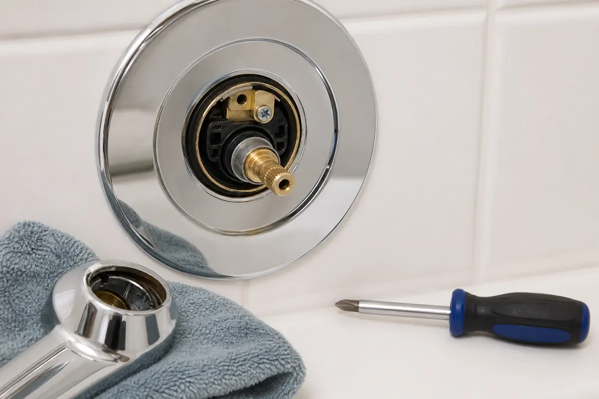 Bathtub shower valve trim removed to inspect anti scald limit stop