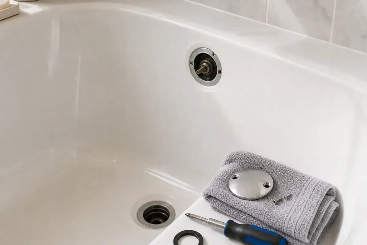 Bathtub drain and overflow area opened for stopper and drain inspection