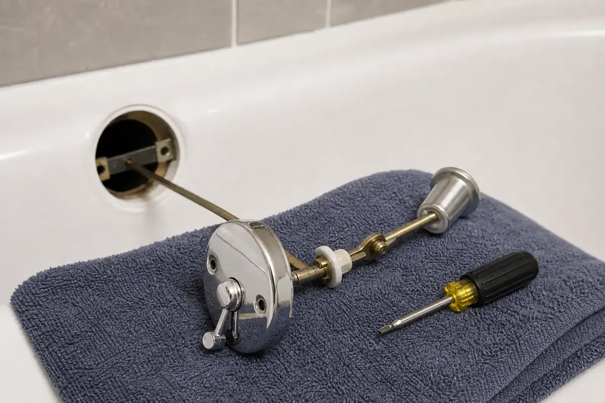Bathtub overflow trip lever linkage removed and resting on a towel