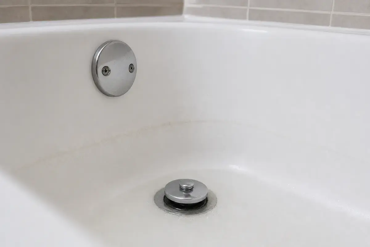 Closed bathtub stopper with a small seal gap and shallow water around it