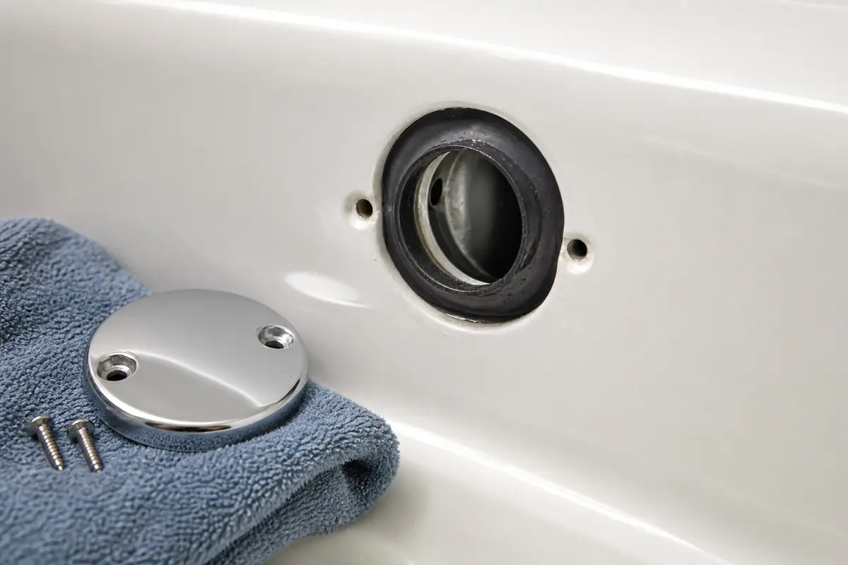 Bathtub overflow plate removed with shifted rubber gasket visible